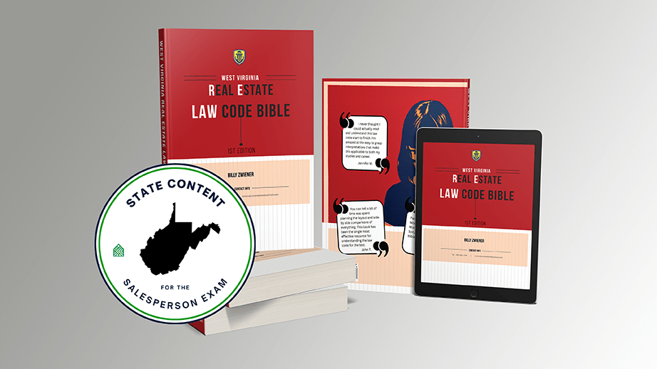West Virginia Real Estate Law Code Bible book, tablet edition, and State Content for the Salesperson Exam badge by Spruce School of Real Estate